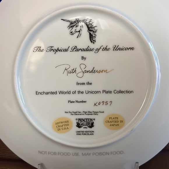 Vintage Tropical Paradise of the Unicorn Plate with Gold Trim by Ruth Sanderson - Picture 5 of 5